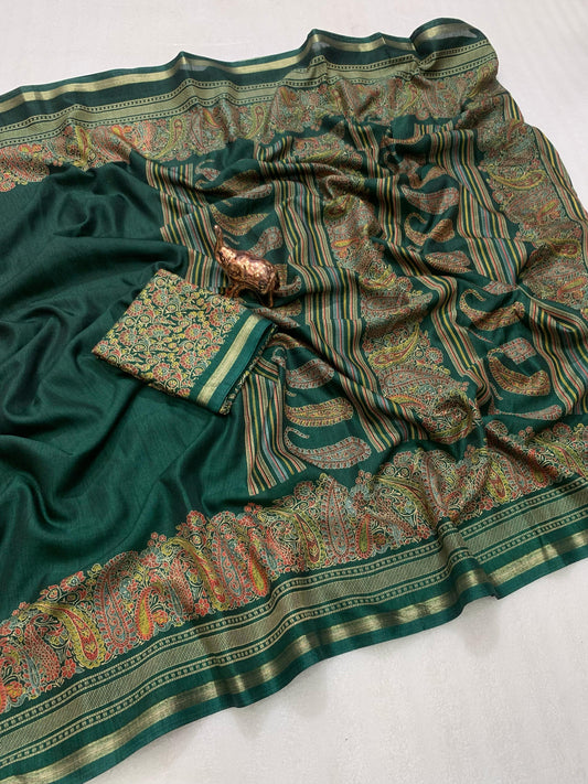 KASHMIRI PURE SOF TUSSER PRINTED SAREE  GOLDEN BORDER