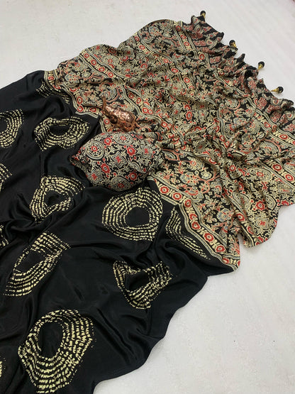 AJRAK PRINTED PURE SATIN RICH PALLU SAREE