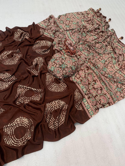 AJRAK PRINTED PURE SATIN RICH PALLU SAREE