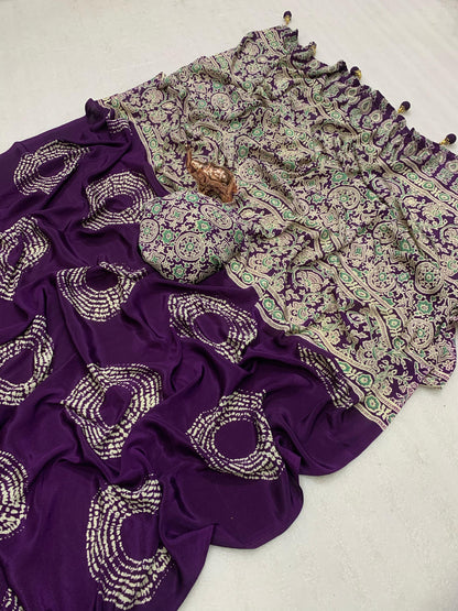 AJRAK PRINTED PURE SATIN RICH PALLU SAREE