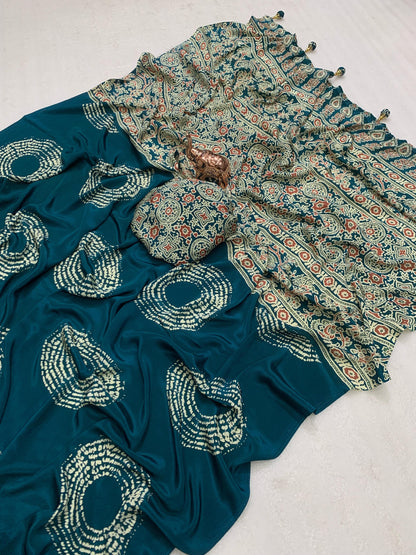 AJRAK PRINTED PURE SATIN RICH PALLU SAREE