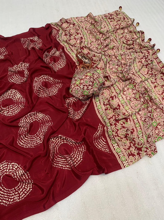 AJRAK PRINTED PURE SATIN RICH PALLU SAREE