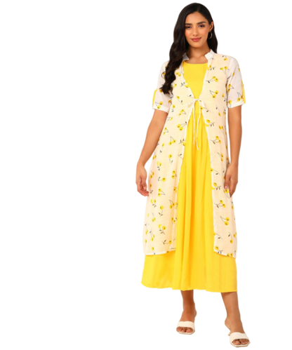 Kurta with Overlay or a Long Jacket Or Shrug with Umbrella Cut Inner Midi Dress