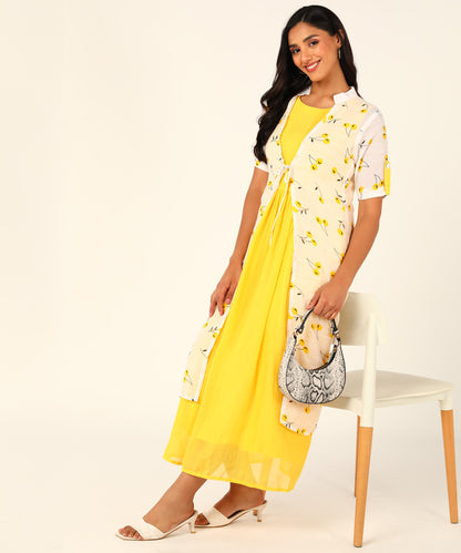 Kurta with Overlay or a Long Jacket Or Shrug with Umbrella Cut Inner Midi Dress