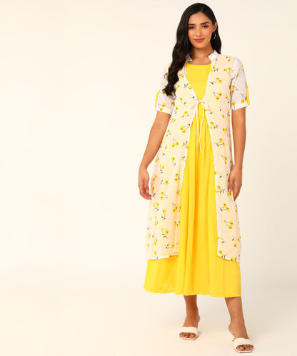 Kurta with Overlay or a Long Jacket Or Shrug with Umbrella Cut Inner Midi Dress