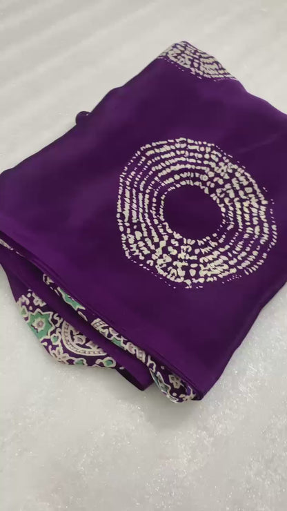 AJRAK PRINTED PURE SATIN RICH PALLU SAREE