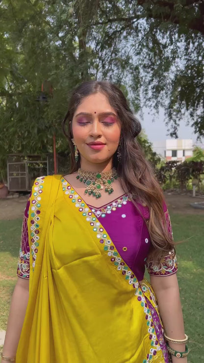 MUSTARD FLORAL & PATOLA PRINT TUSSA SILK LAHENGA CHOLI WITH DUPATTA
