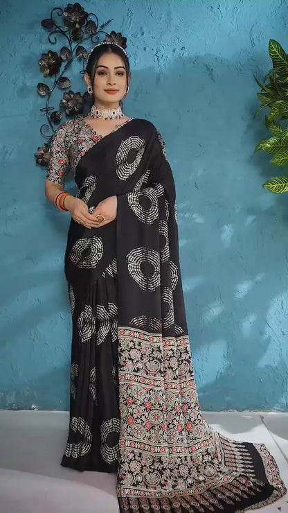 AJRAK PRINTED PURE SATIN RICH PALLU SAREE